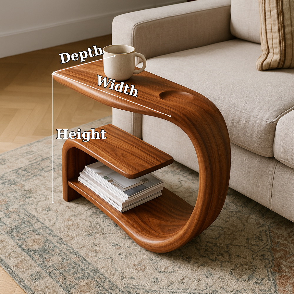 Handcrafted Solid Wood Armrest Table with Sculpted Curve Design & Storage Shelf Kitchnce
