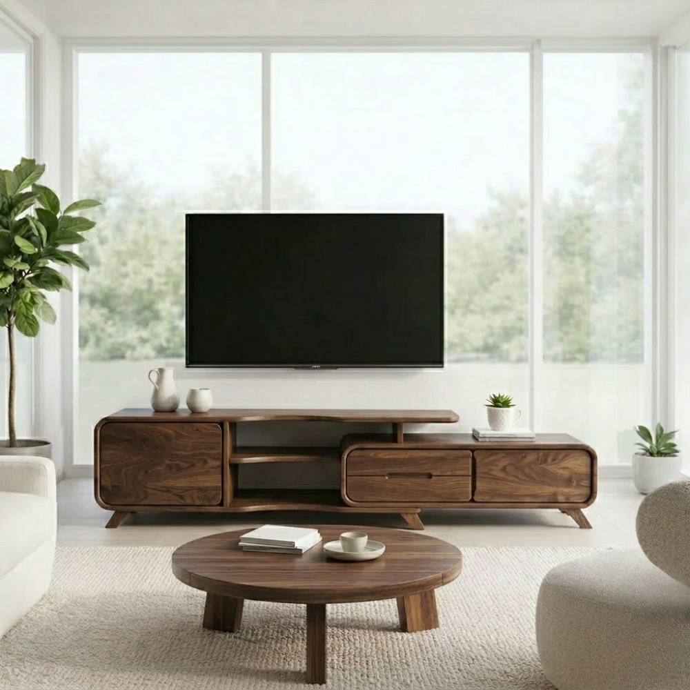 Solid Wood TV Console with Drawers & Shelves – Modern Media Unit Storage
