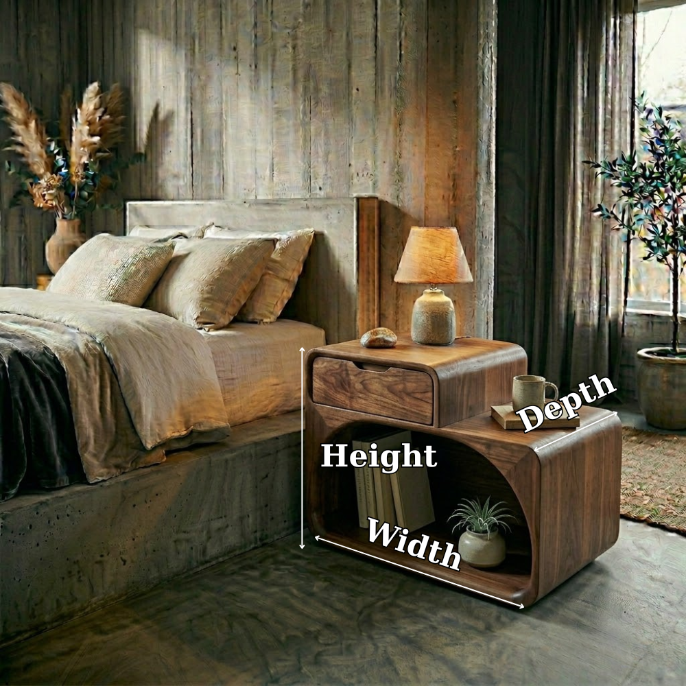 Solid Wood Nightstand with Drawer & Open Shelf – Modern Curved Bedside Table