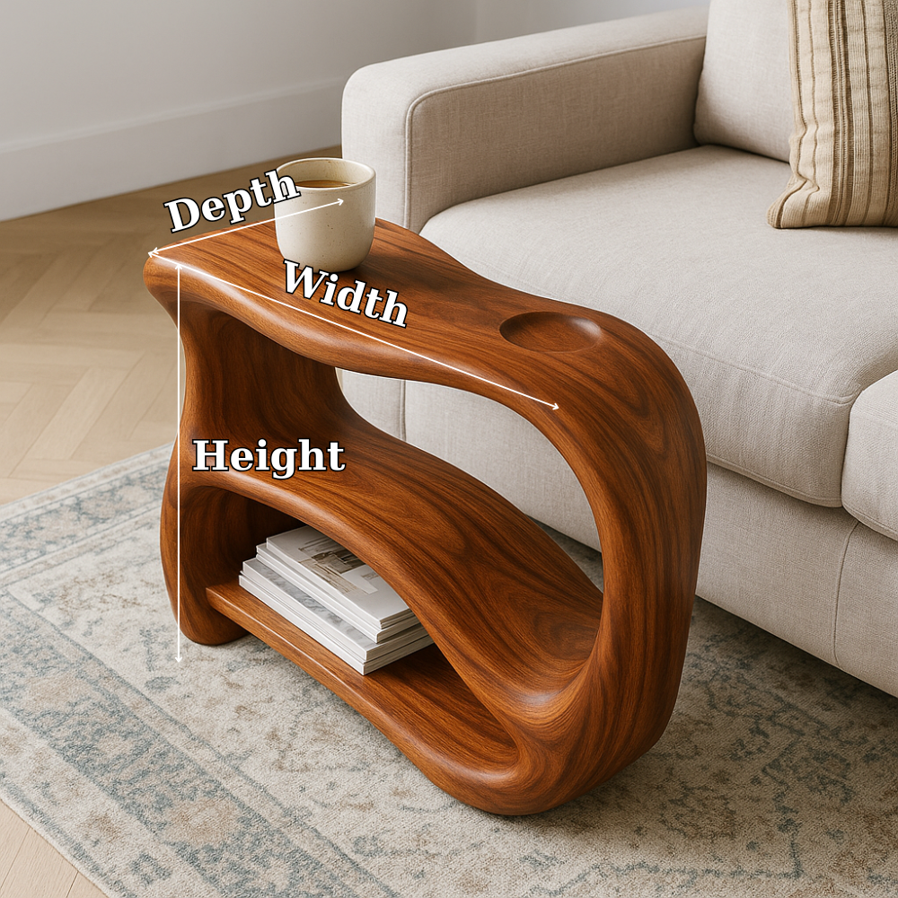Solid Wood Sofa Armrest Table with Cup Holder and Storage Shelf for Couch Side