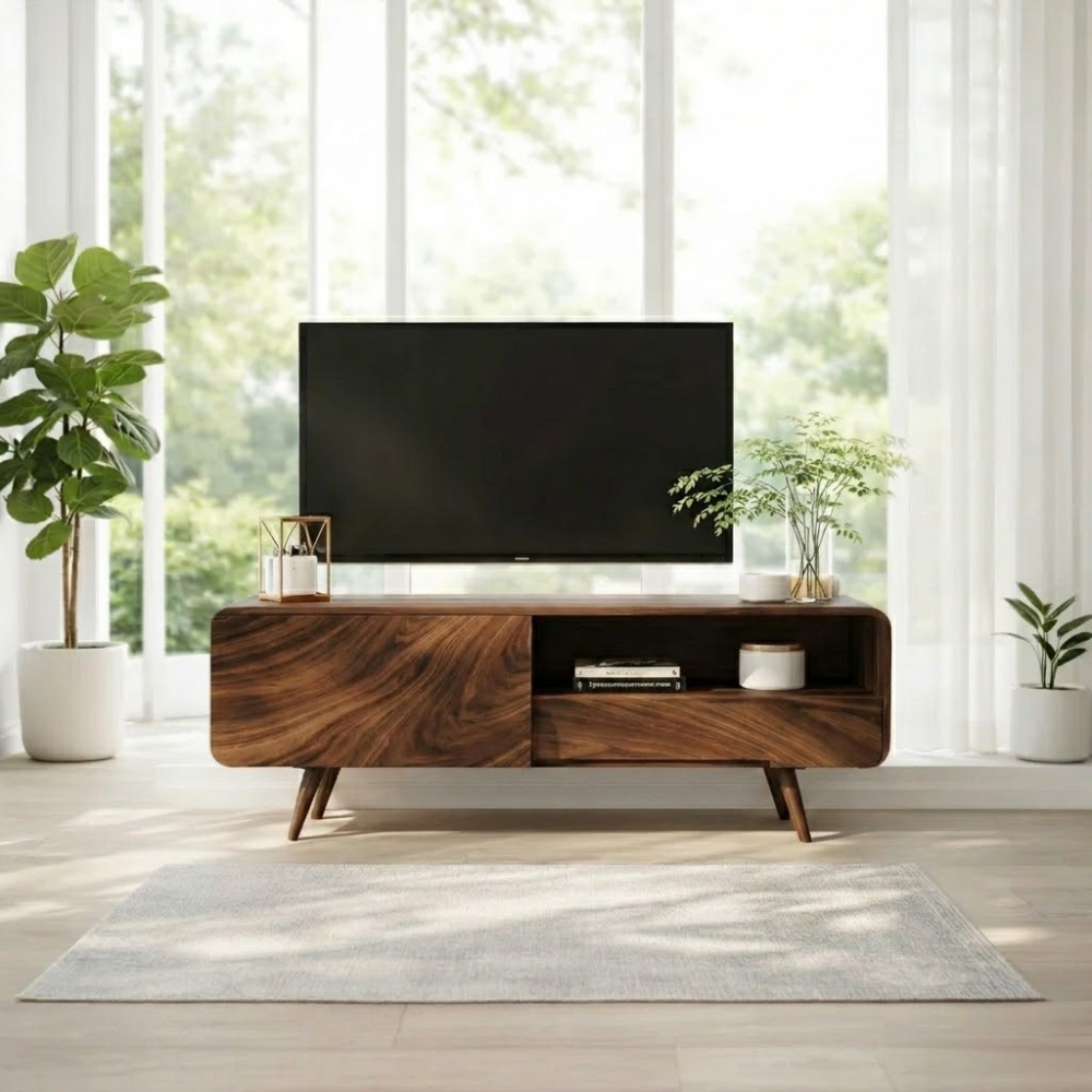 Solid Wood TV Console with Sliding Door – Modern Walnut Media Stand with Storage