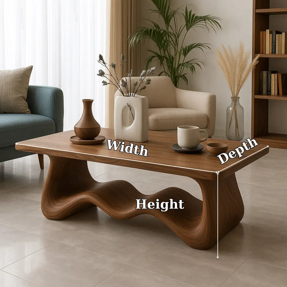 Handcrafted Solid Wood Coffee Table with Sculptural Wave Base – Modern Organic Centerpiece Kitchnce