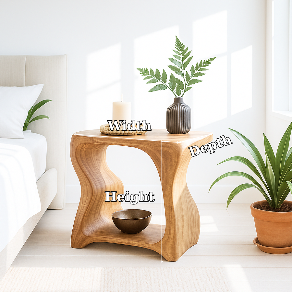 Handcrafted Solid Wood Nightstand – Sculpted Organic Bedside Table with Open Shelf Kitchnce