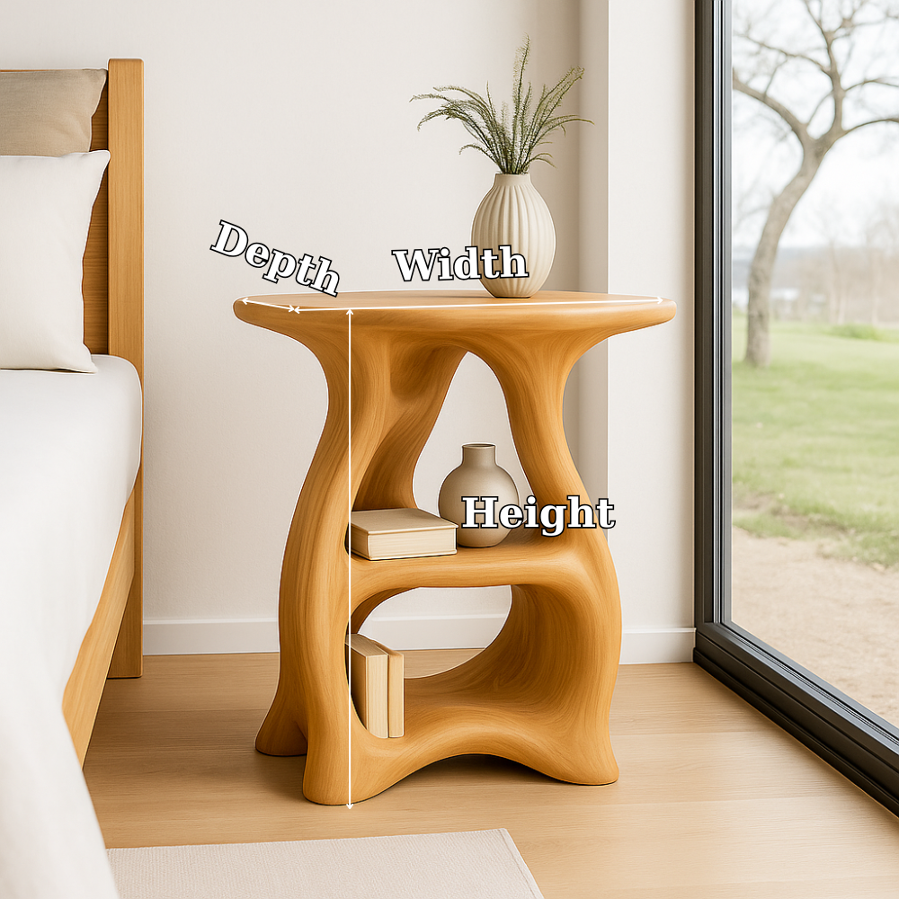 Handcrafted Solid Wood Nightstand – Sculptural Bedside Table with Curved Organic Design Kitchnce