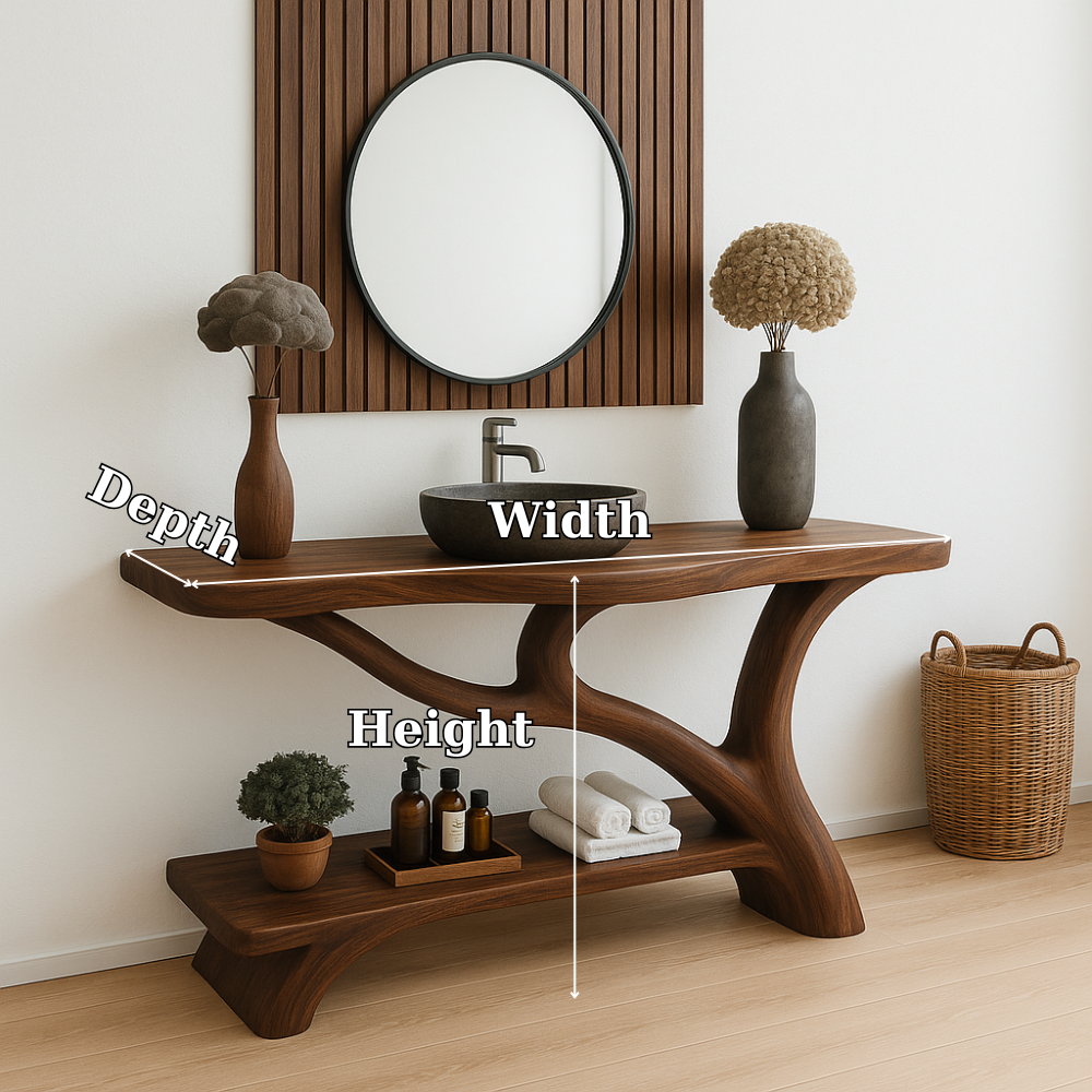 Handcrafted Solid Wood Bathroom Vanity – Organic Sculptural Design with Open Shelf Storage Kitchnce