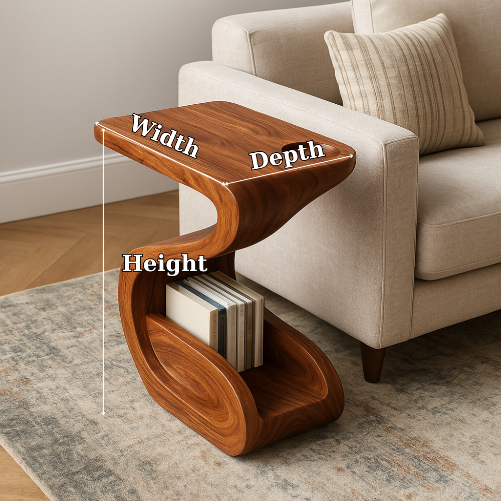 Handcrafted Solid Wood Armrest Table with Sculpted Curve Design and Storage Shelf Kitchnce
