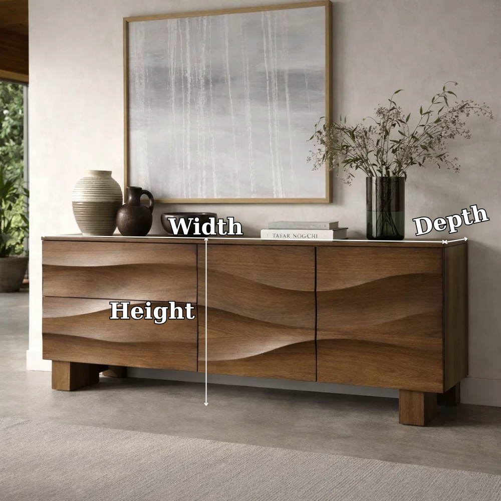 Solid Wood Wave Front Console Cabinet – Modern Sculpted Storage Sideboard