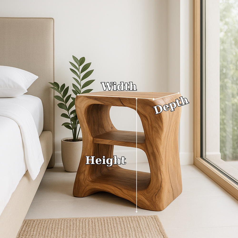 Handcrafted Solid Wood Nightstand – Sculpted Organic Bedside Table with Open Shelves Kitchnce