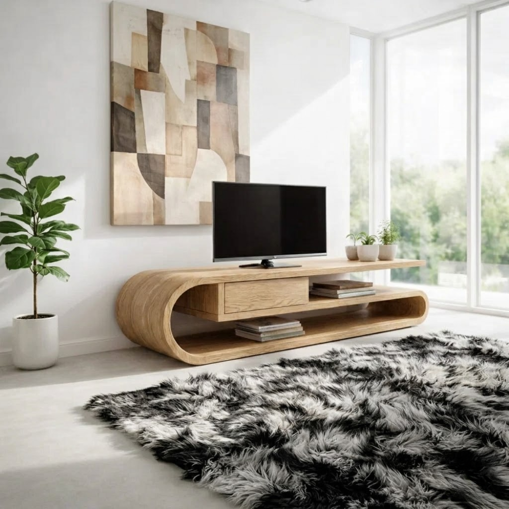 Solid Wood TV Console with Curved Frame – Media Stand with Drawer