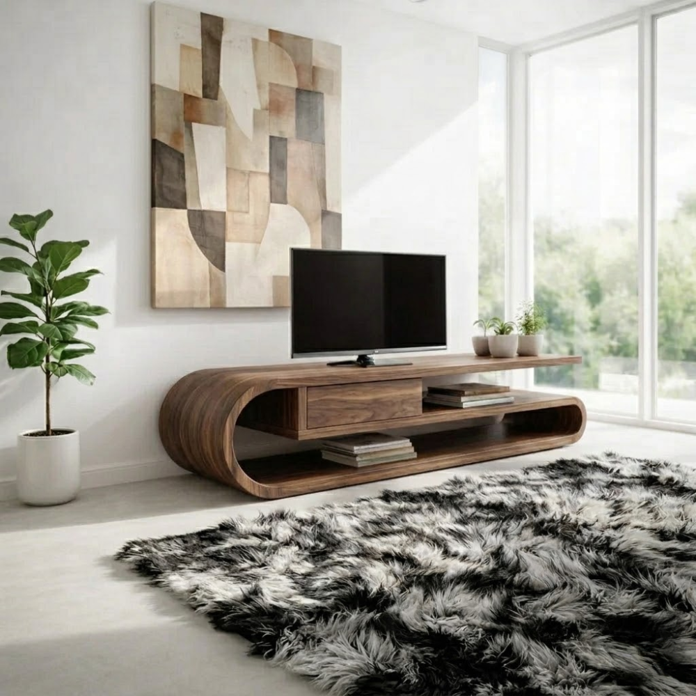 Solid Wood TV Console with Curved Frame – Media Stand with Drawer
