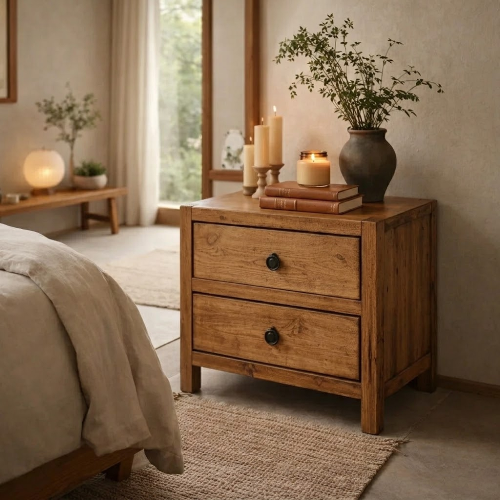 Solid Wood Nightstand with 2 Drawers – Rustic Bedside Table Storage Cabinet