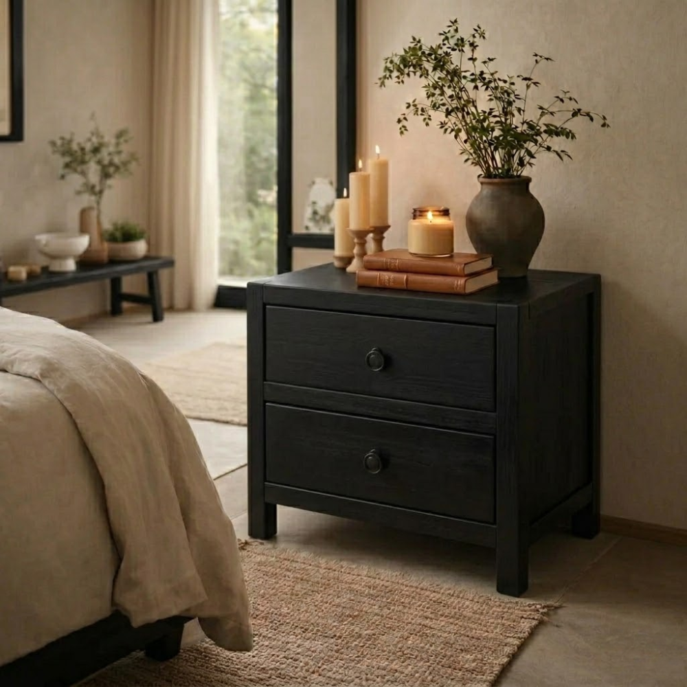 Solid Wood Nightstand with 2 Drawers – Rustic Bedside Table Storage Cabinet