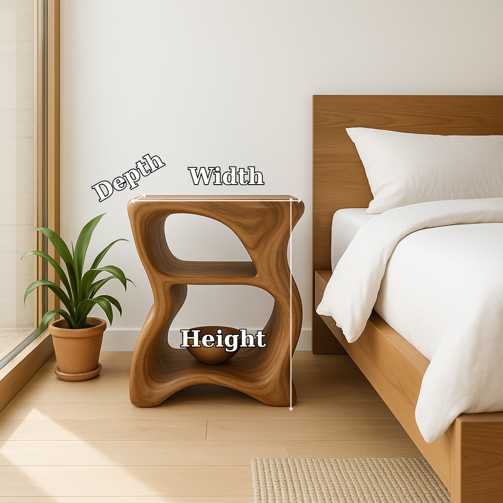 Handcrafted Solid Wood Nightstand – Modern Sculptural Bedside Table with Open Shelves Kitchnce