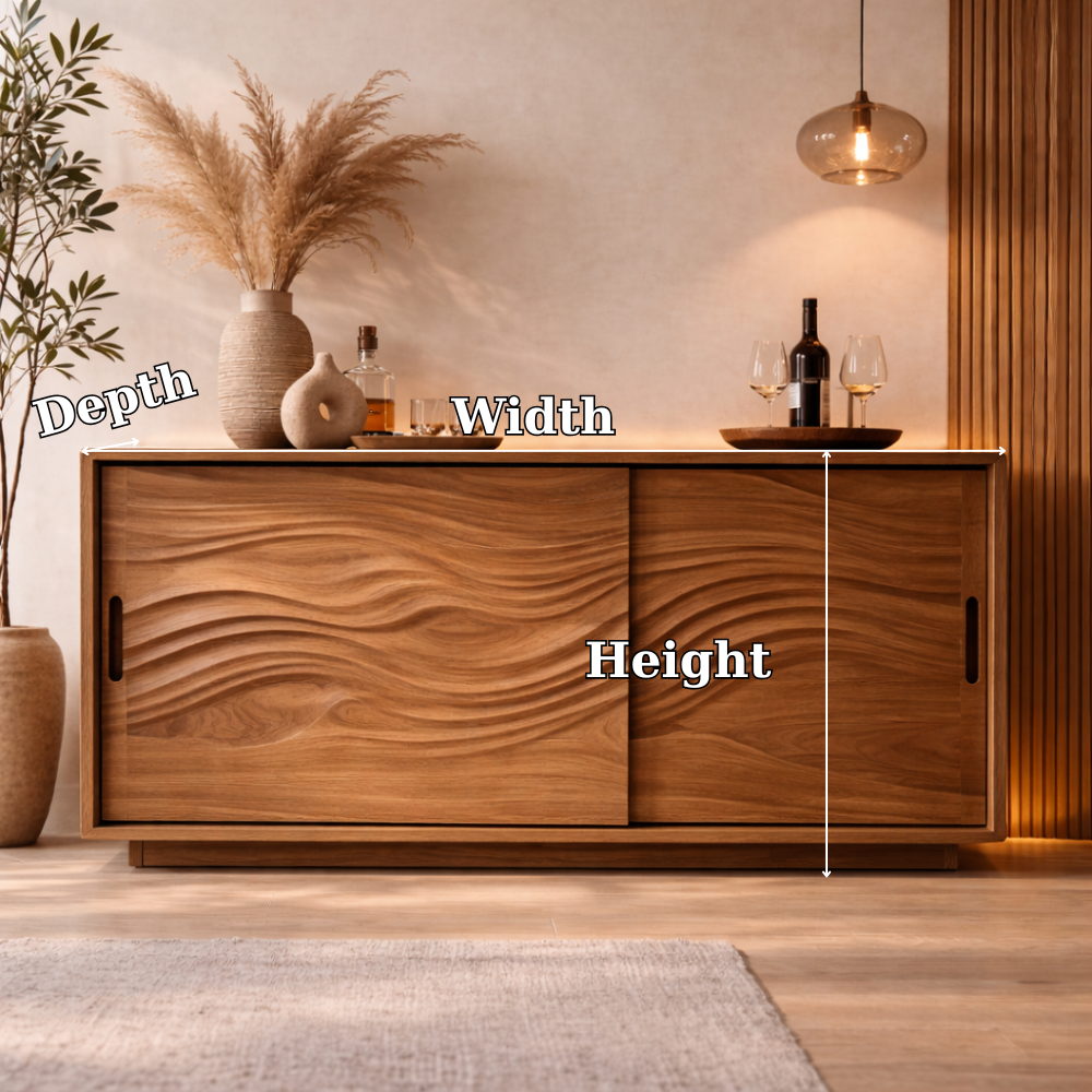 Solid Wood Console Table with Carved Wave Doors – Modern Walnut Sideboard Cabinet