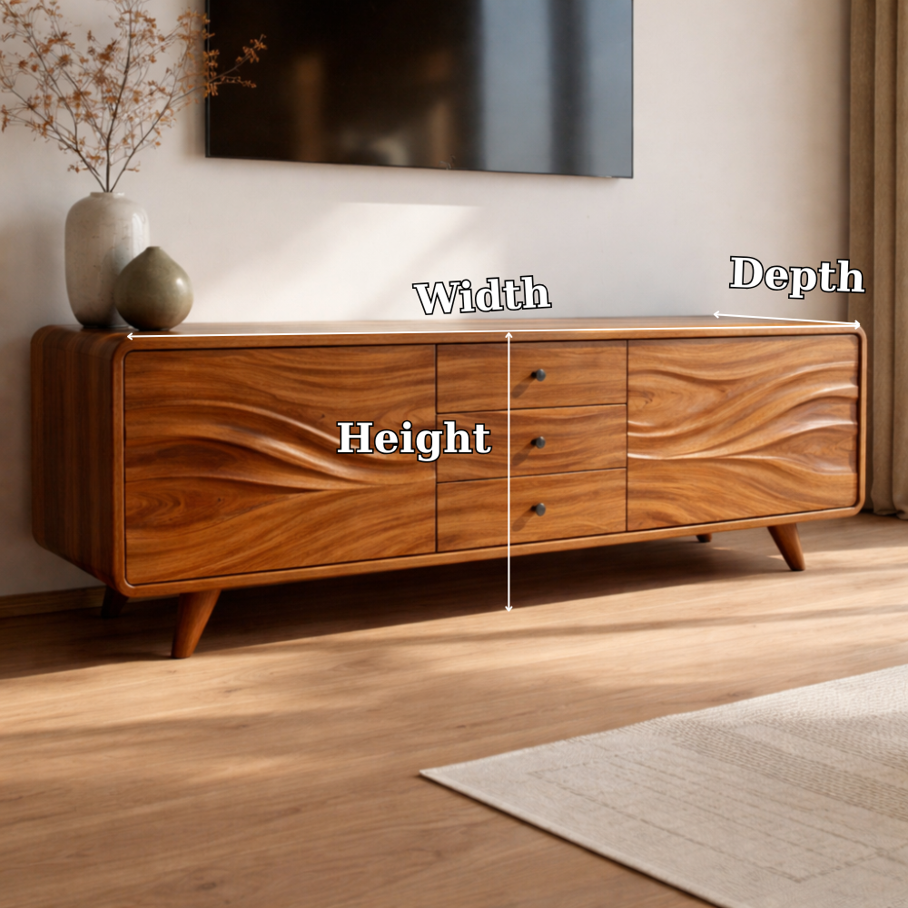 Solid Wood Wave Front TV Cabinet with Drawers – Modern Low Media Console Stand