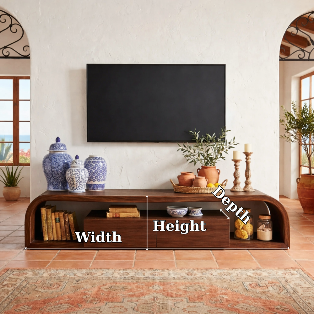 Curved Solid Wood Media Console with Storage – Modern Low TV Stand