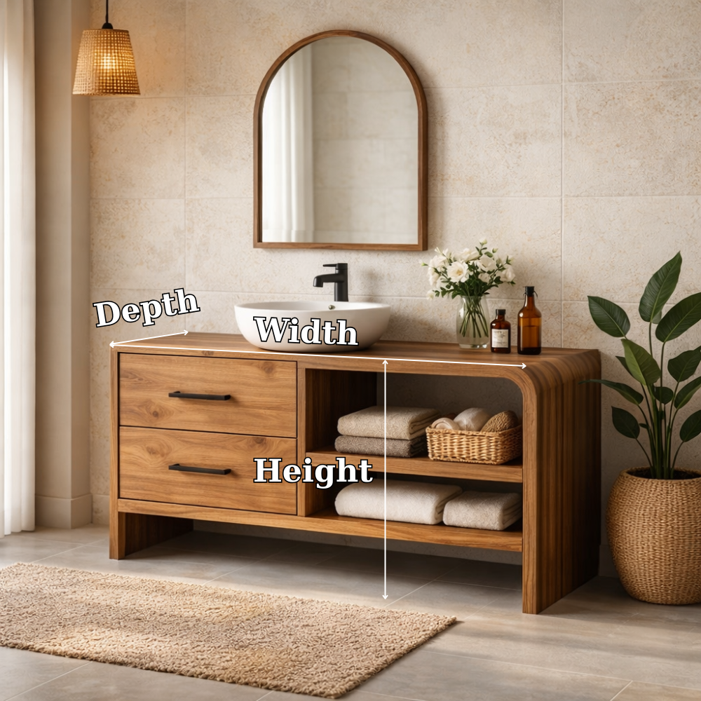 Modern Solid Wood Bathroom Vanity with Drawers and Open Shelf Storage Cabinet