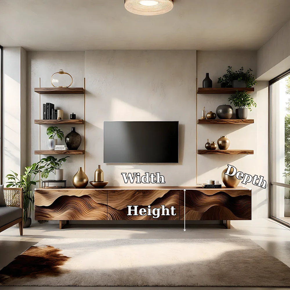 Solid Wood TV Stand Modern Walnut Media Console with Sculpted Wave Doors