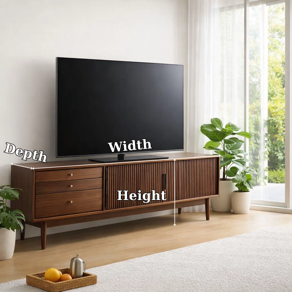 Mid Century Solid Wood TV Console with Slatted Doors & Drawers