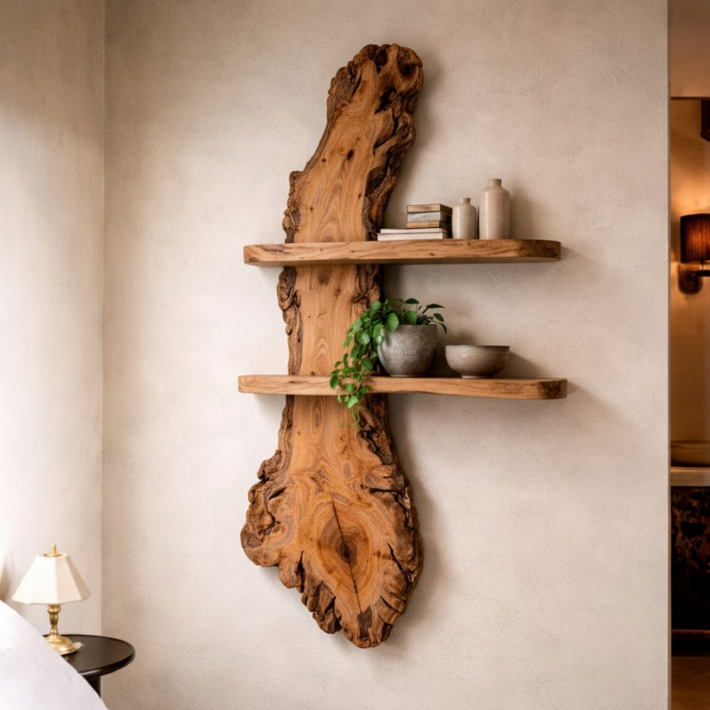 Handcrafted Solid Wood Live Edge Wall Shelf - Organic Tree-Shaped Floating Home Decor