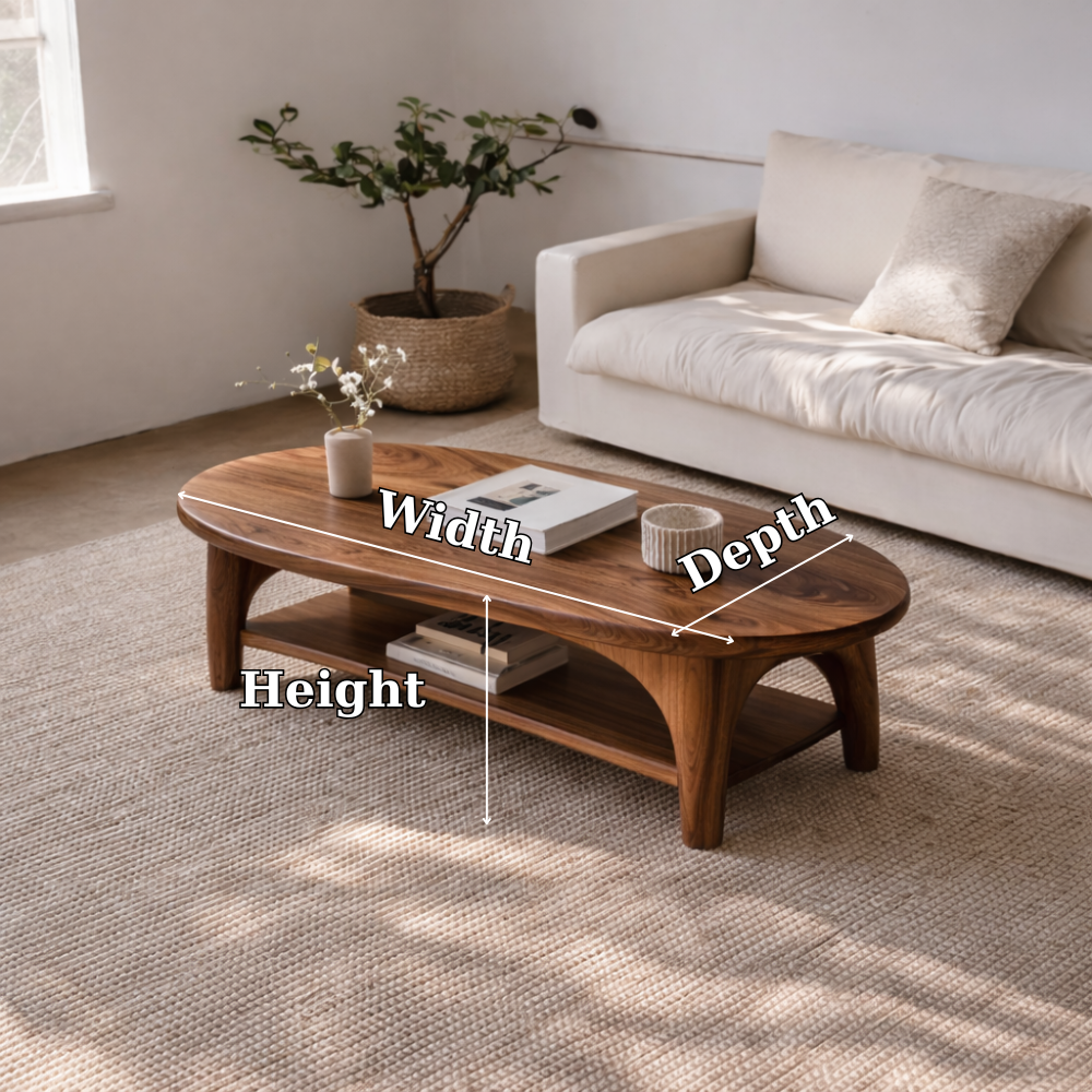 Handcrafted Solid Wood Coffee Table – Oval Modern Center Table with Shelf Kitchnce