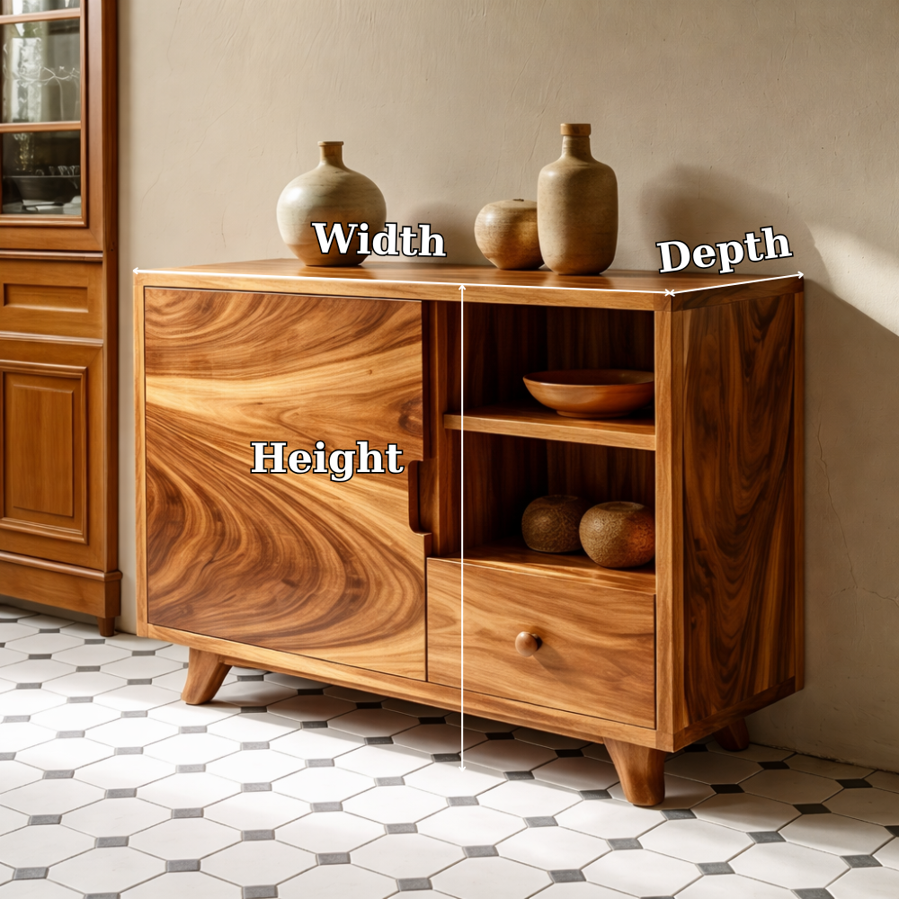 Solid Wood Console Cabinet - Mid-Century Modern with Open Shelving and Drawers
