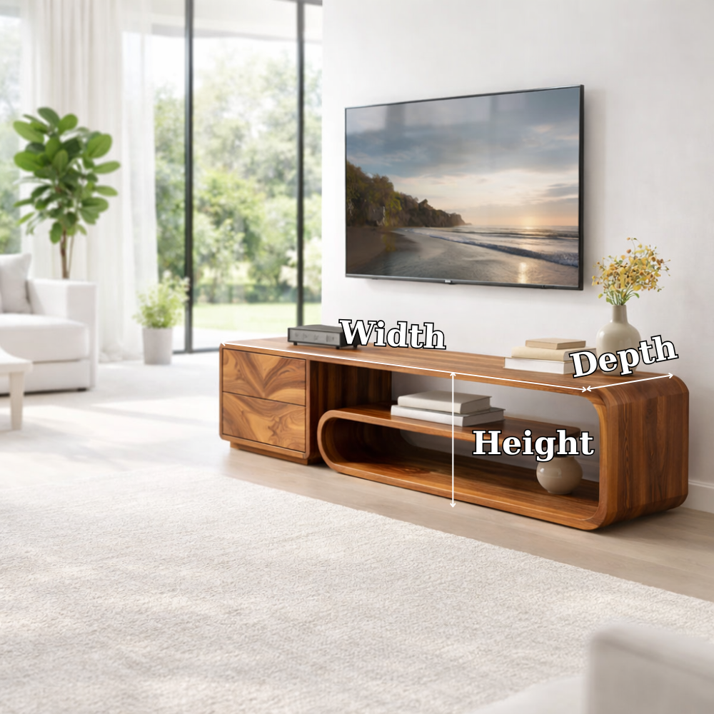 Solid Wood Media Console with Curved Shelf & Drawer, Modern Low TV Stand