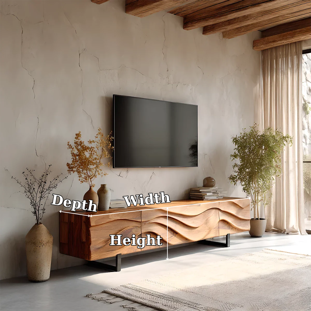 Solid Wood TV Stand Modern Floating Media Console with Sculpted Wave Front