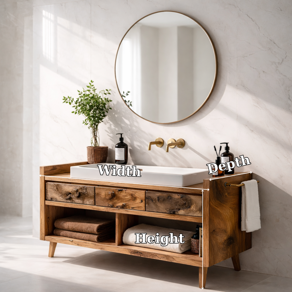 Solid Wood Bathroom Vanity Cabinet with Open Shelf – Rustic Modern, No Sink