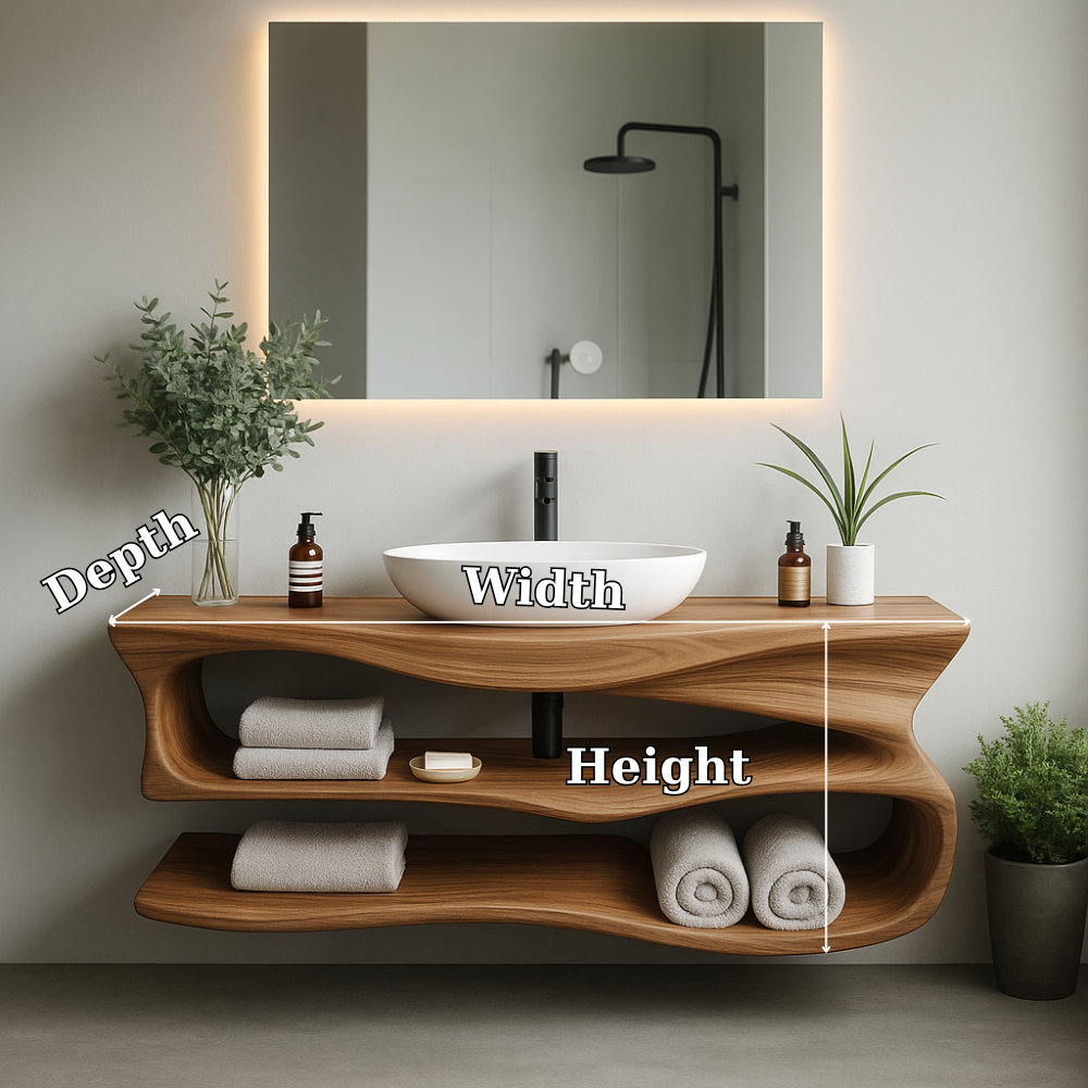 Handcrafted Solid Wood Floating Vanity – Modern Sculptural Bathroom Sink Shelf Kitchnce