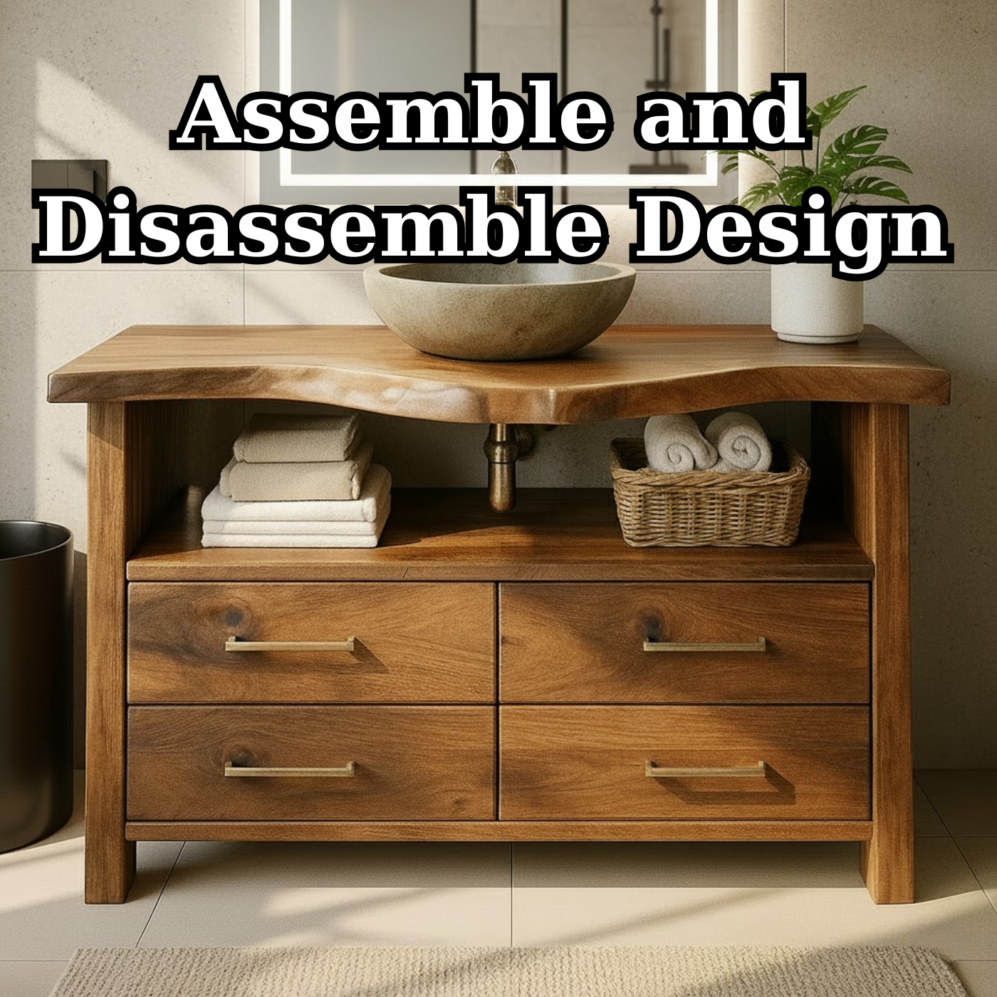 Live Edge Solid Wood Bathroom Vanity with 4 Drawers and Open Storage Shelf for Modern Rustic Interiors