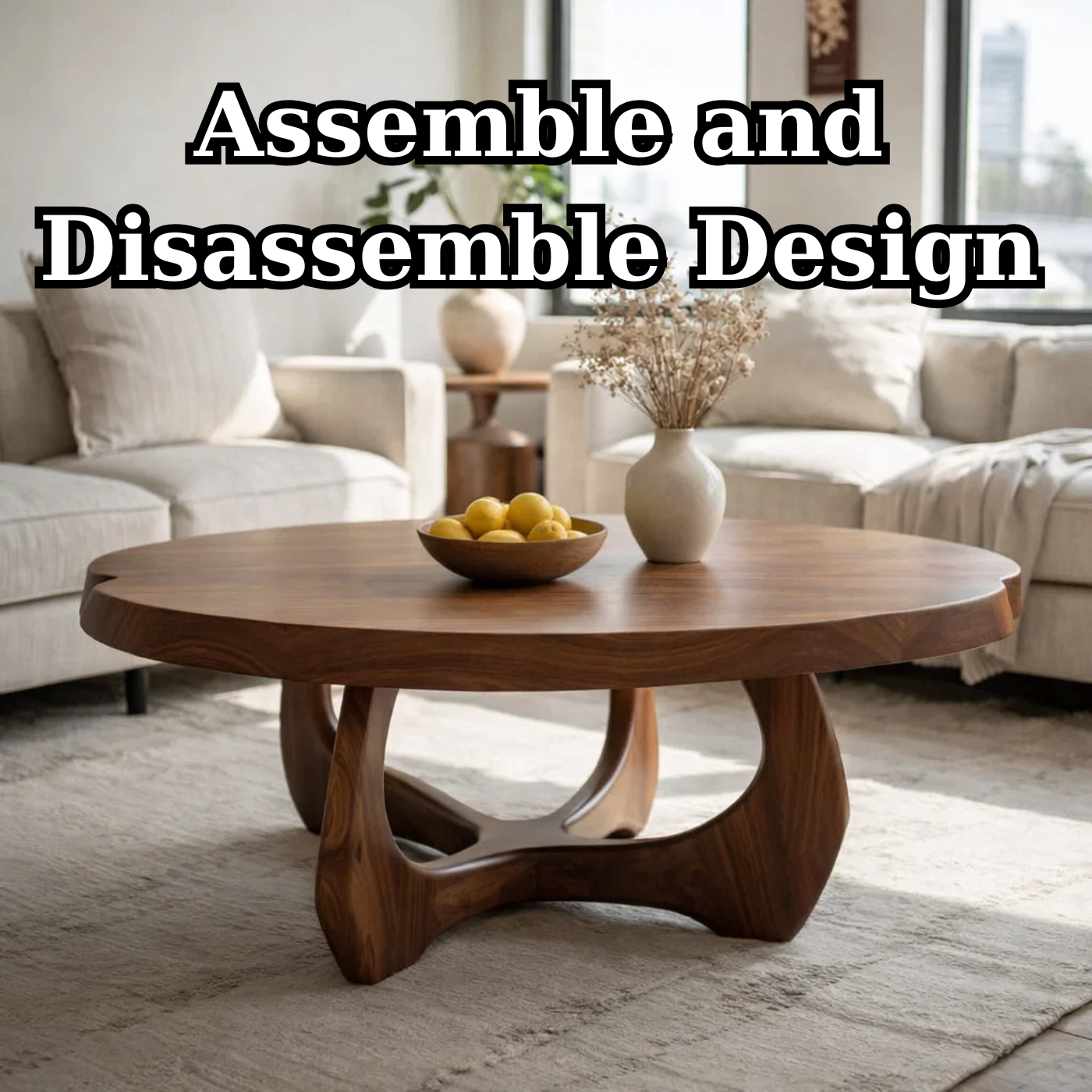 Modern Round Solid Wood Coffee Table with Sculptural Pedestal Base