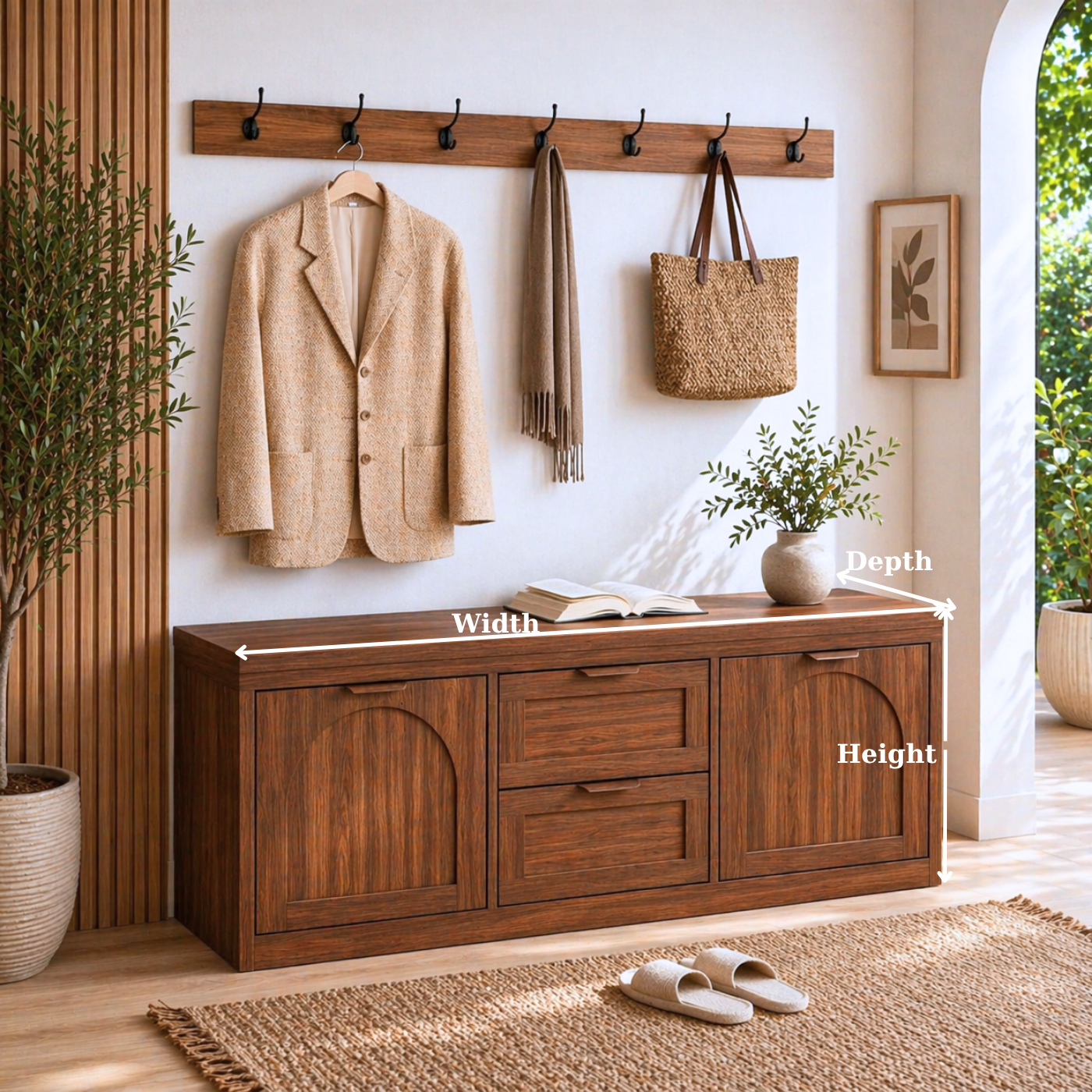 Solid Wood Entryway Bench with Storage Drawers – Shoe Cabinet with Arched Doors
