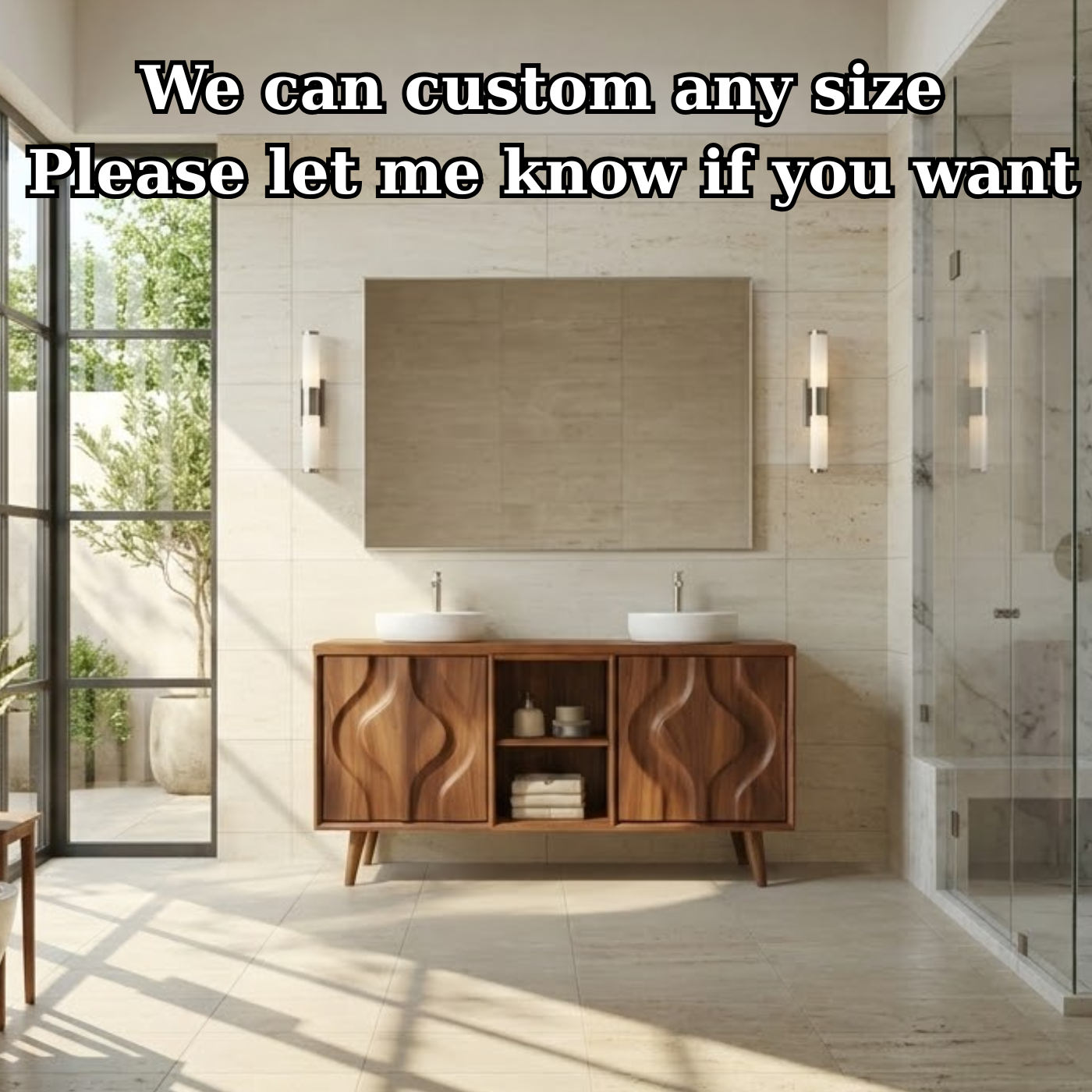 Mid-Century Solid Wood Double Bathroom Vanity Cabinet with Sculpted Wave Doors and Open Shelf