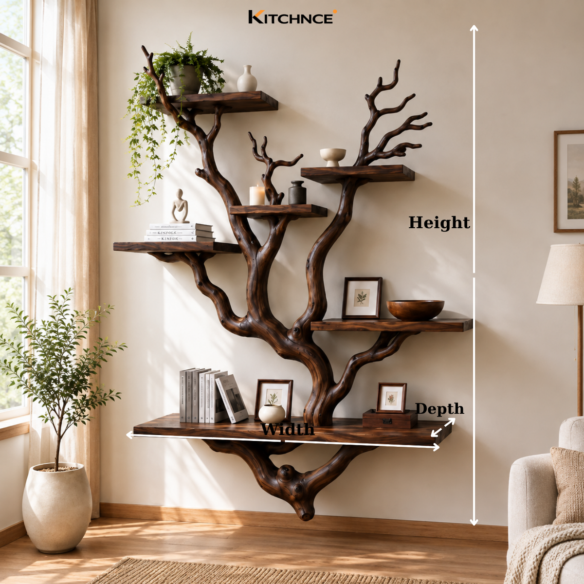 Handcrafted Solid Wood Tree Bookshelf with Sculptural Branch Shelves