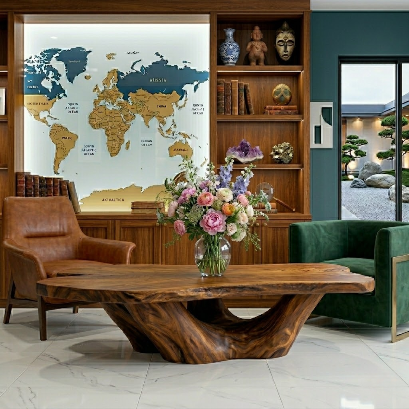 Solid Wood Live Edge Coffee Table with Sculptural Base – Rustic Organic Living Room Table