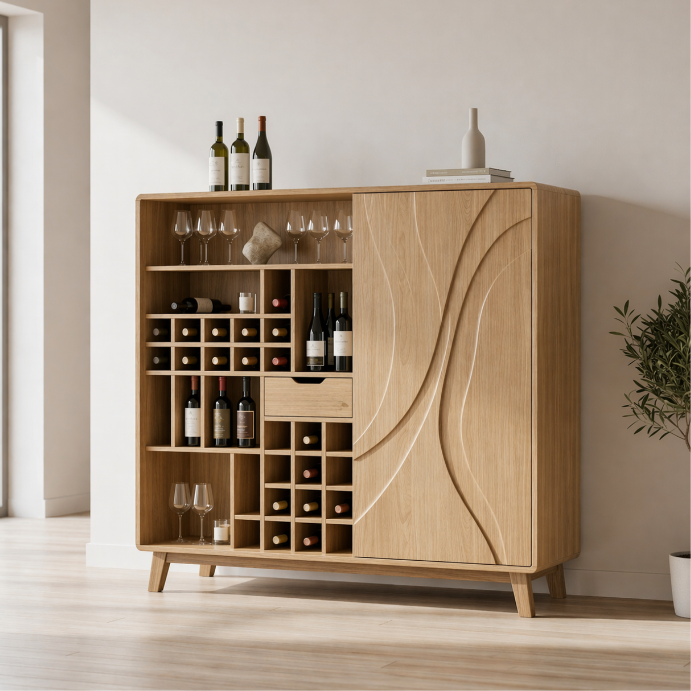 Solid Wood Wine Cabinet with Curved Carved Door and Multi Bottle Storage