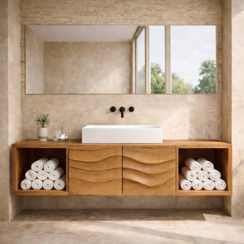 Floating Solid Wood Bathroom Vanity with Wave Textured Doors and Open Shelves