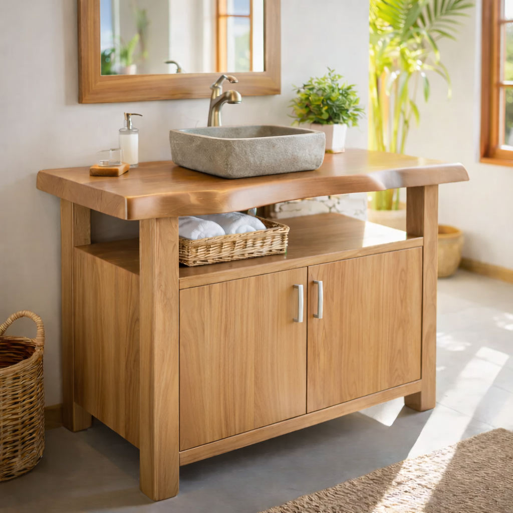 Solid Wood Bathroom Vanity Cabinet with Open Shelf Storage