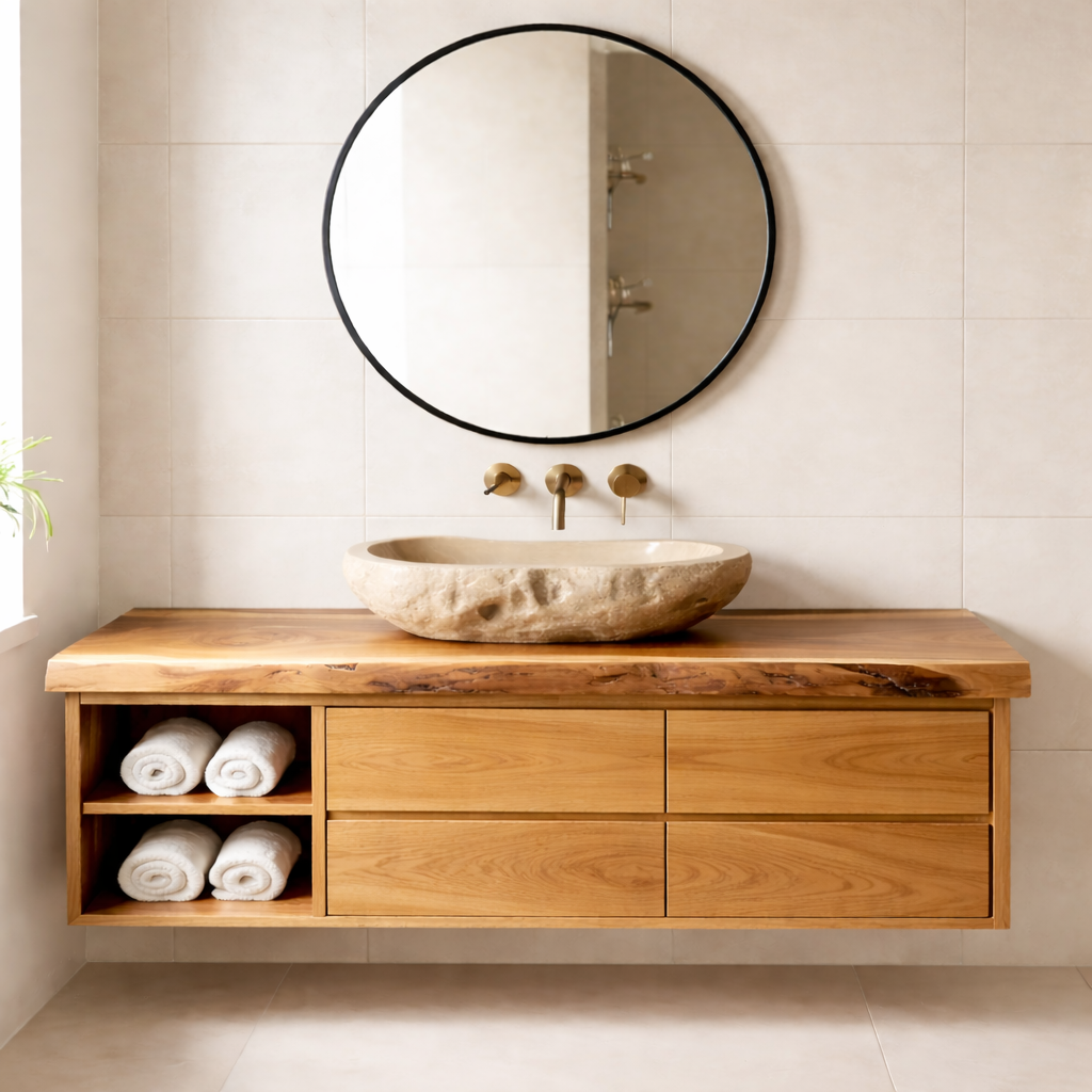 Floating Solid Wood Bathroom Vanity with Live Edge Countertop, Drawers and Open Storage
