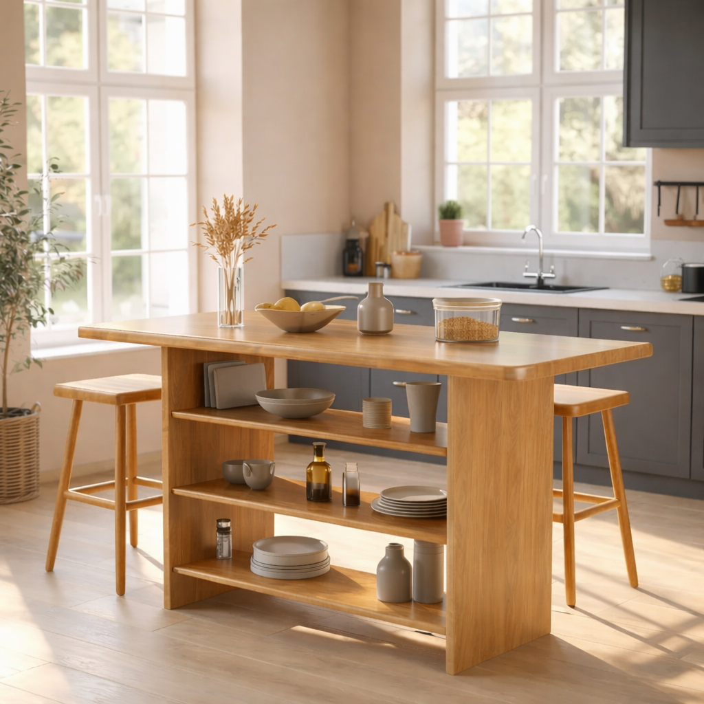 Solid Wood Kitchen Island with Open Storage Shelves and Kitchen Bar Table