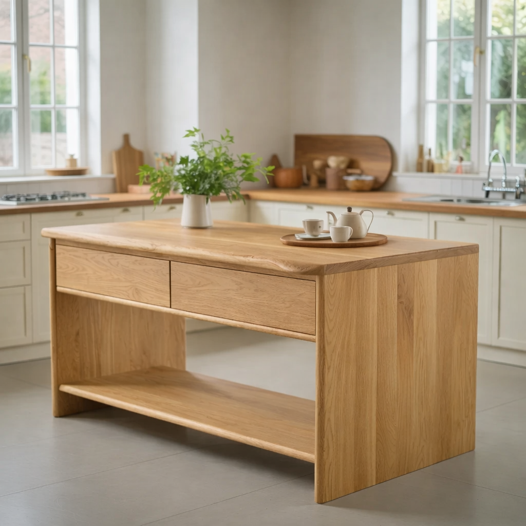 Modern Solid Wood Kitchen Island with Drawer and Open Shelf Storage Prep Table