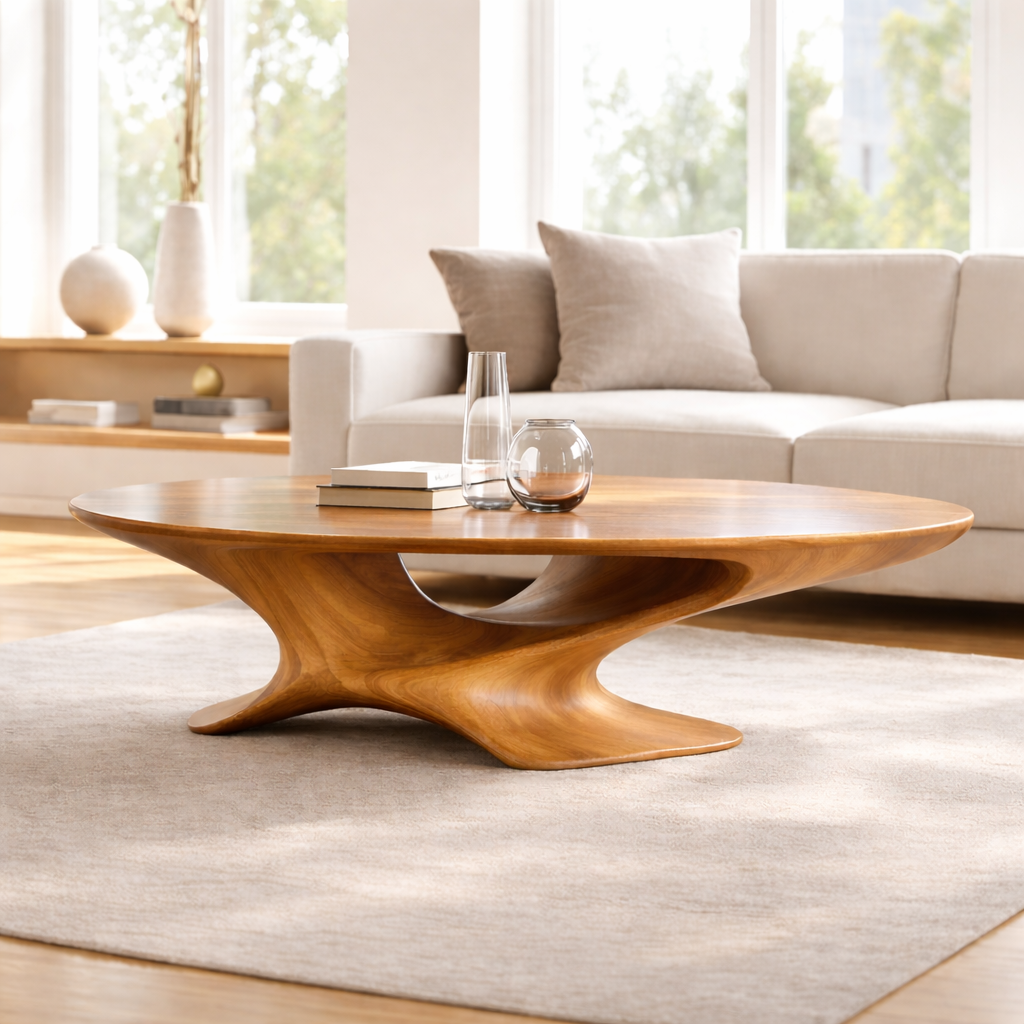 Modern Solid Wood Coffee Table with Sculptural Base and Round Wooden Living Room Table