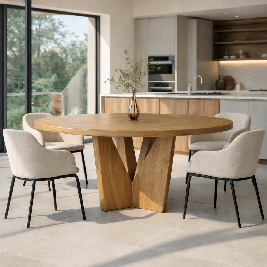 Round Solid Wood Dining Table with Sculptural Base Modern Walnut Kitchen Table