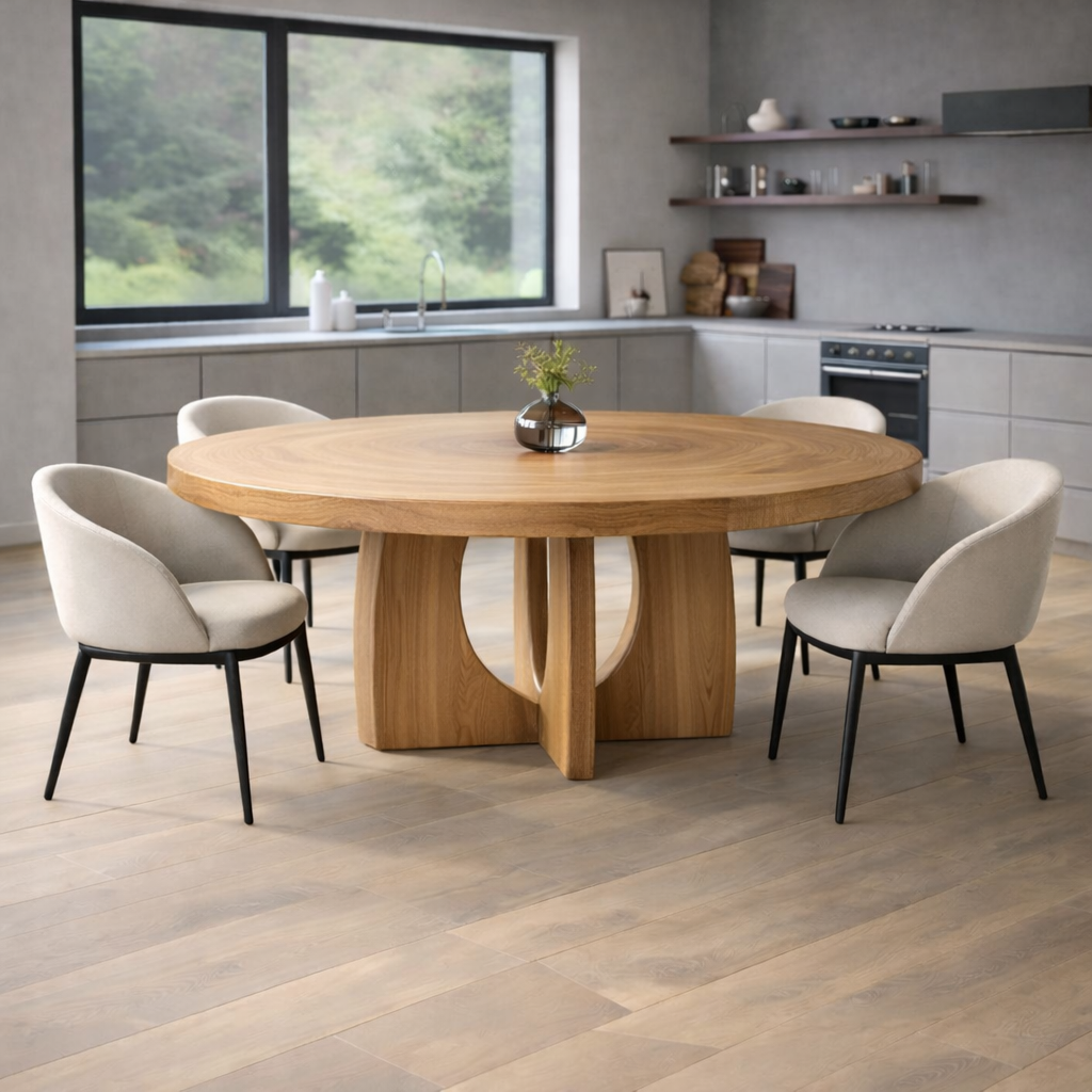 Round Solid Wood Dining Table with Sculptural Pedestal Base Modern Kitchen Table