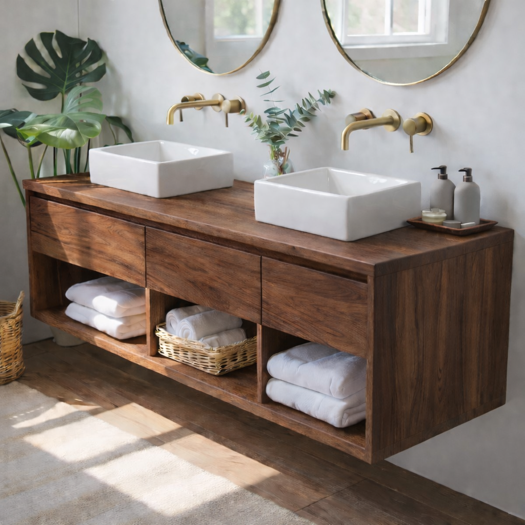 Floating Solid Wood Double Bathroom Vanity Cabinet with Open Cubby Shelves – Modern Organic Wall Mounted Design