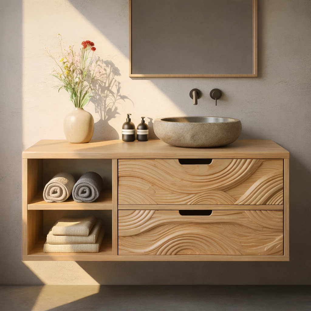 Floating Solid Wood Bathroom Vanity with Sculpted Wave Drawers and Open Shelf – Modern Organic Bathroom Cabinet