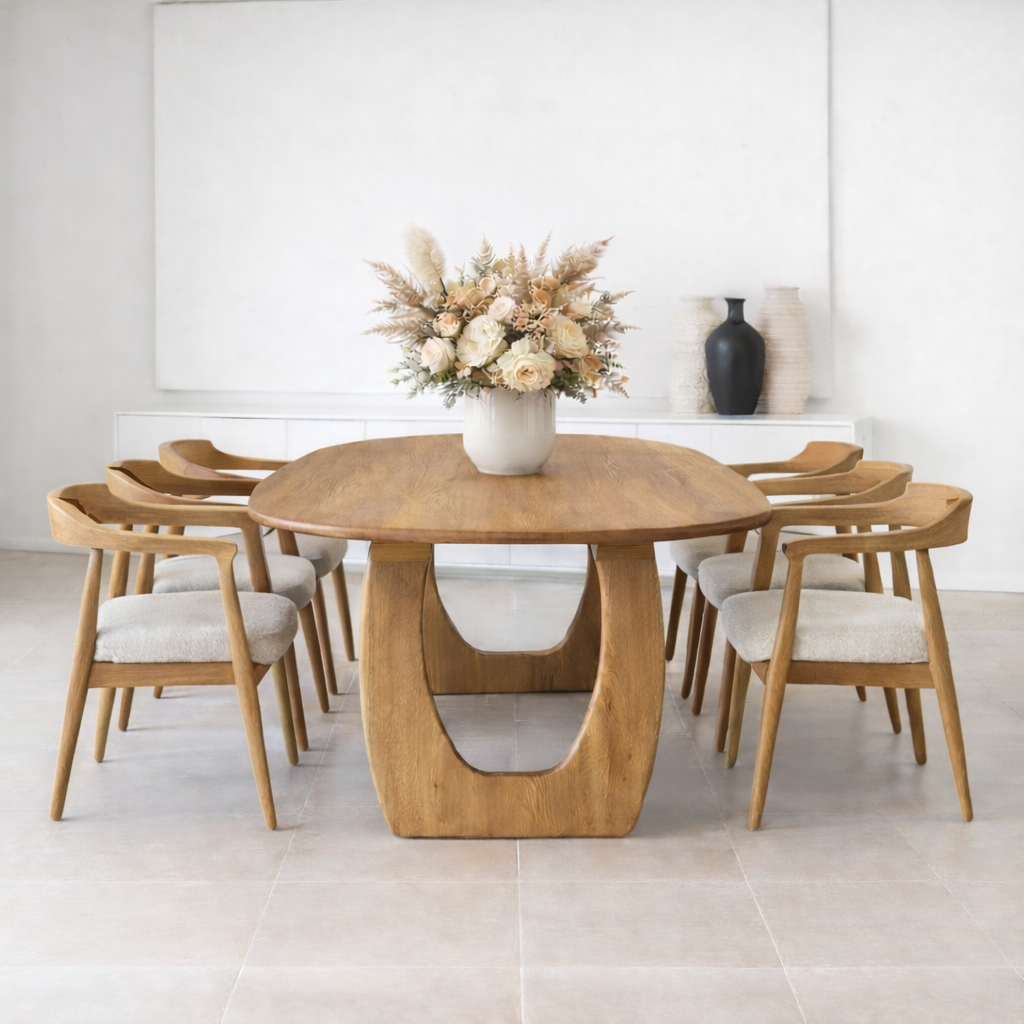 Solid Wood Oval Dining Table with U Shape Pedestal Base