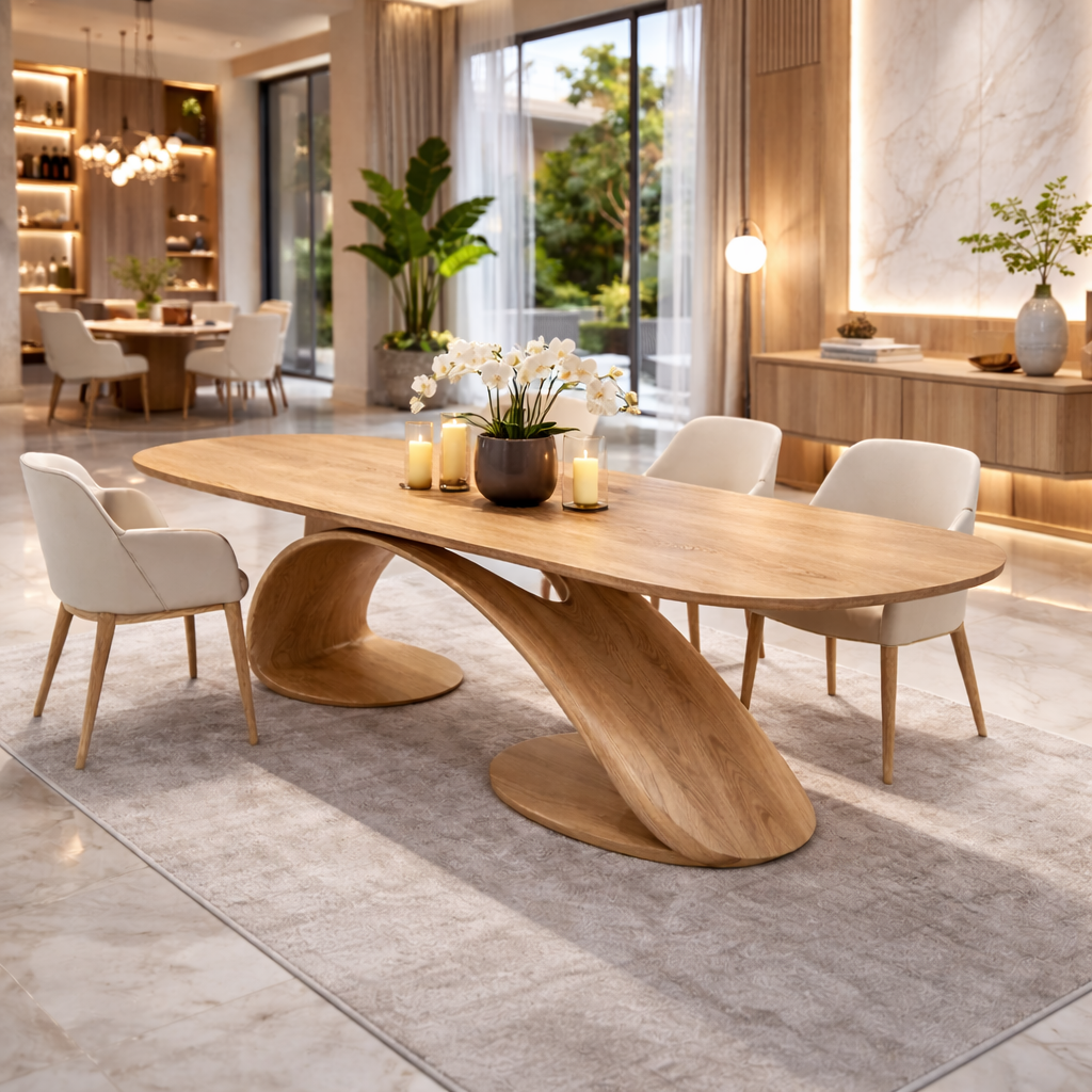 Solid Wood Oval Dining Table with Sculptural Base
