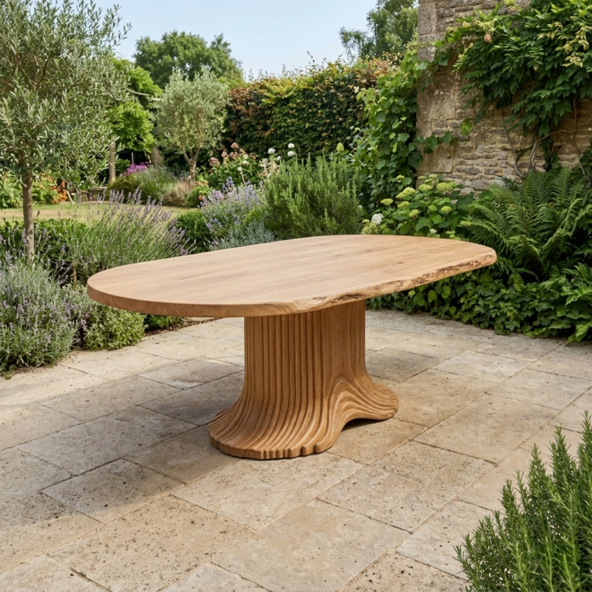 Solid Wood Outdoor Dining Table Oval Live Edge with Sculptural Fluted Pedestal
